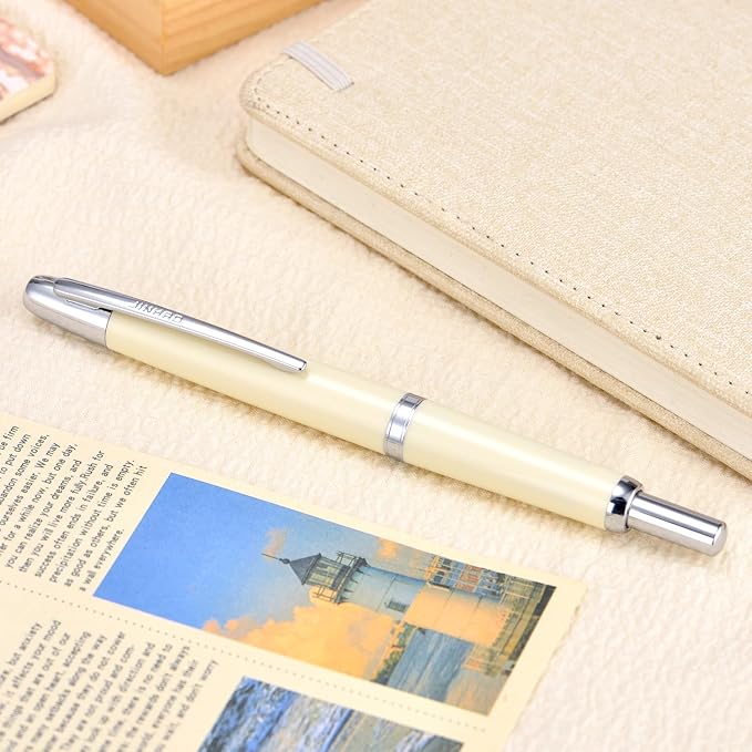 Jinhao 20 Press Fountain Pen, Ivory White Retractable Fine Nib with Ink Converter Set (Silver Clip)