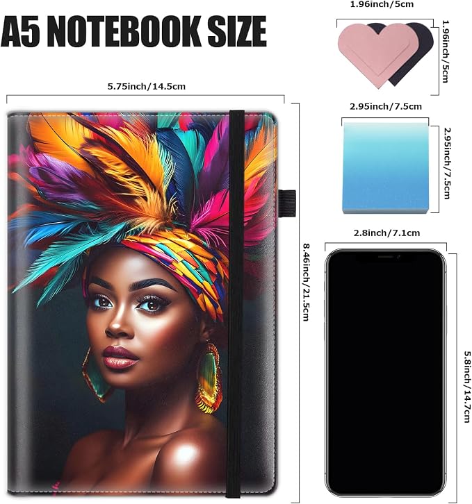 Hardcover Executive Notebooks, A5 PU Leather Lined Journal Notebook, 200 Pages Thick Paper Subject Notebooks for School,Work,Home Writing Business Notebook, Diary Book ，African American Women