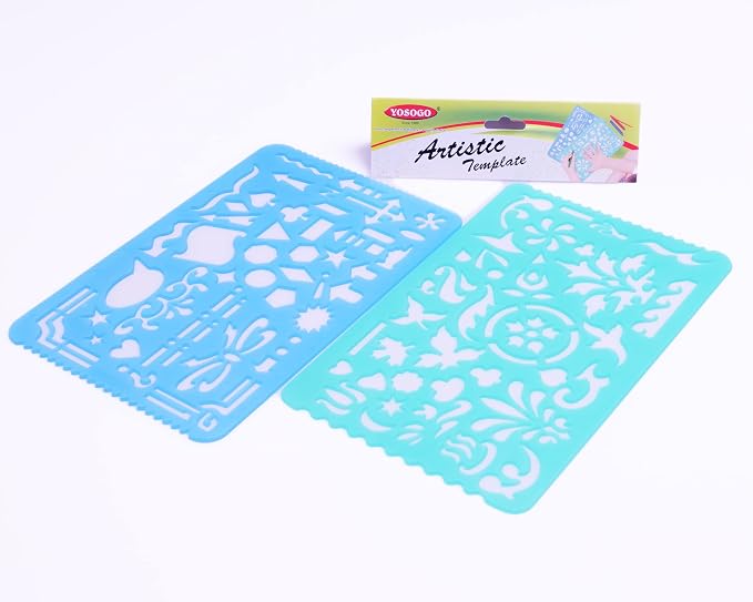 Set of 2 Plastic Stencil Art Templates Drafting Ruler with Various Cut Out Designs for Art and Craft Projects, Artistic Drawing, Tracing, Painting - Ideal for Professionals, Students and Kids