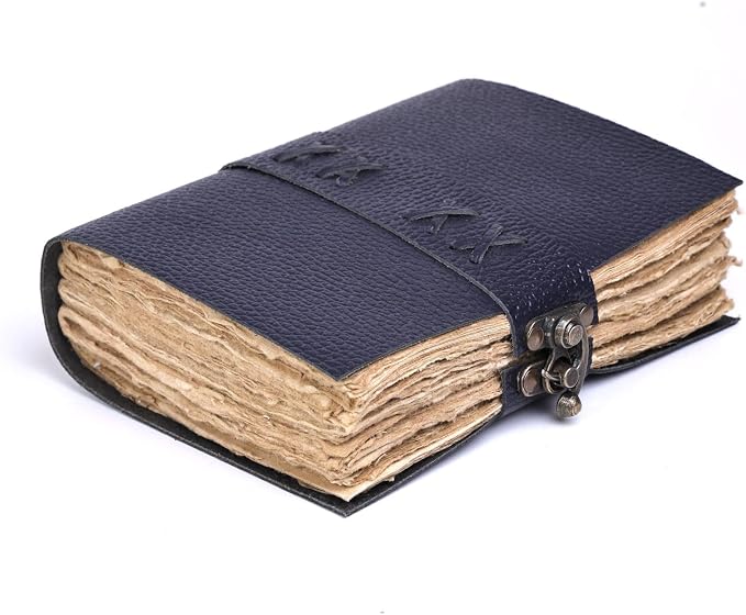 Leather Bound Vintage Journal for Women & Men – Book of Shadows – Lock Closure – 200 Pages of Antique Deckle Edges Handmade Paper (Italian Blue, 6 x 4 inches)