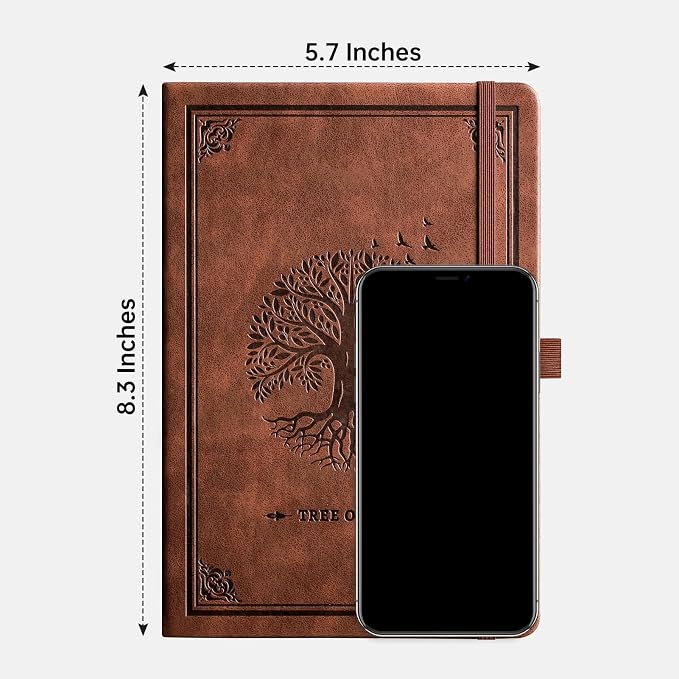 AHGXG Dotted Journal Notebook, 192 Pages, A5 Medium Size (5.7'' x 8.3'') | Leather Hardcover, 100 GSM Thick Paper, for Journaling, Planning, Tracking (Brown)