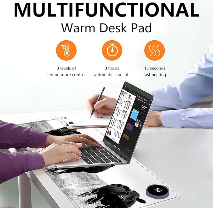 Heated Mouse Pad with 3 Levels Heated & 3 Hours Auto Shut-Off Mouse Pad for Warming Hands in Office Home, 23.6" x 14.2"Large Safe Desk Mat Hand Warmer，Black Cow
