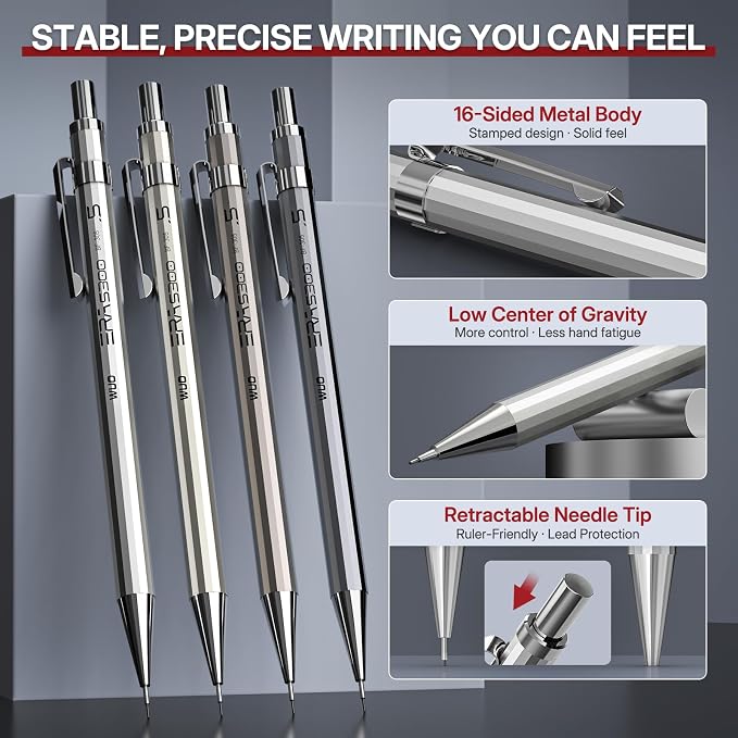 WUO 0.5mm Mechanical Pencil Set with Eraser Pen, 4PCS Metal Mechanical Pencils, 480 HB Lead Refills, 3PCS 4B Erasers, 10PCS Eraser Refills for Writing, Drafting, Drawing & Sketching