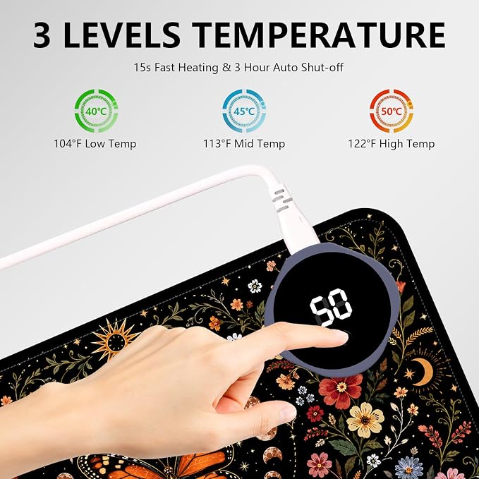 Large Heated Mouse Pad–31.5" x 13" Desk Mat for Office | 3 Adjustable Heat Levels,Auto Shut-Off After 3 Hours for Safety,Keeps Hands Warm While Working，Celestial Monarch Butterfly