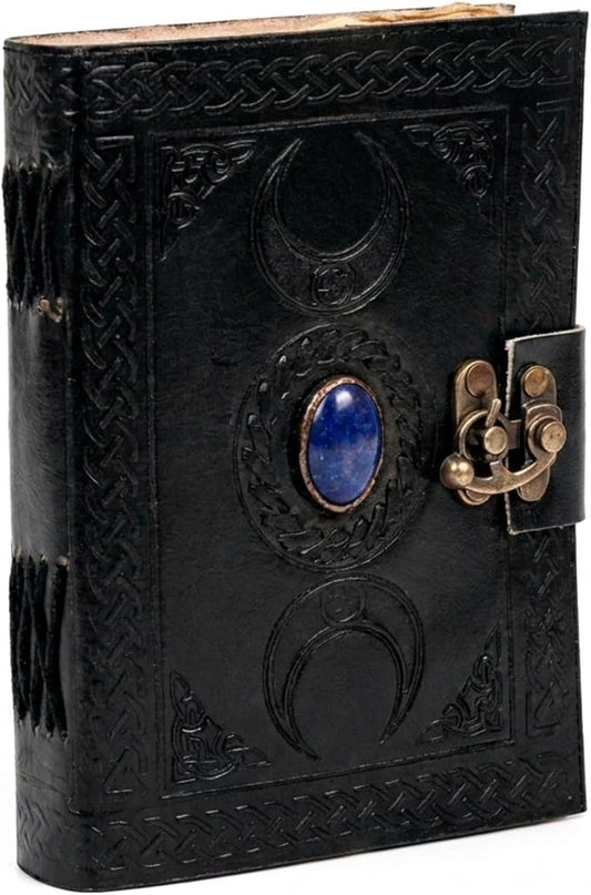 3 Moon Blue Lapis Embossed Vintage Leather Journal | 240 Pages of Antique Handmade Deckle Edge Vintage Paper, Leather Sketchbook, Drawing Journal, Great Gift (5 by 7 inch, black)