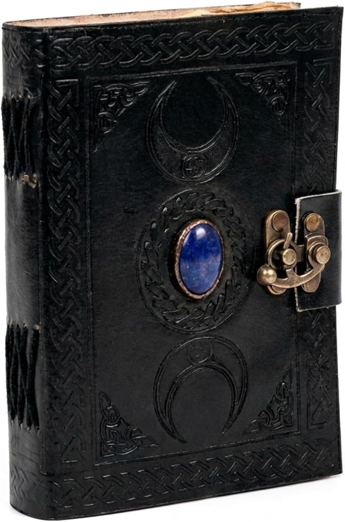 3 Moon Blue Lapis Embossed Vintage Leather Journal | 240 Pages of Antique Handmade Deckle Edge Vintage Paper, Leather Sketchbook, Drawing Journal, Great Gift (5 by 7 inch, black)