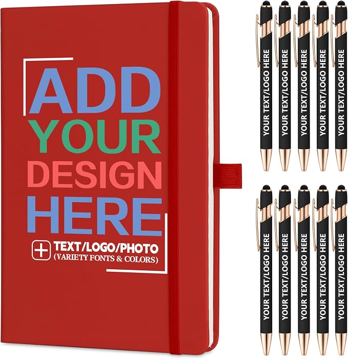 ENOMY Personalized Notebook Journal & 10 PC Pens Gift Set Custom Notebook A5 200 Pages A5 Lined Journal for Men Women Hardcover Notebooks for Work College Graduation Gifts, red