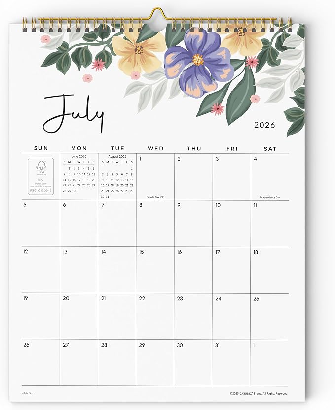 Wall Calendar 2026, 18 Monthly Calendar 2026-2027 from July 2026 to December 2027, 15 x 12 Inches, Hanging Hook, Twin-Wire Binding, Floral Design Calendar for Easy Organizing