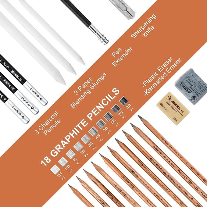 YunQiDeer Drawing Pencils, Professional Charcoal & Graphite Sketching Pencil Kit for Beginners & Adults, Art Supplies for Blending Shading