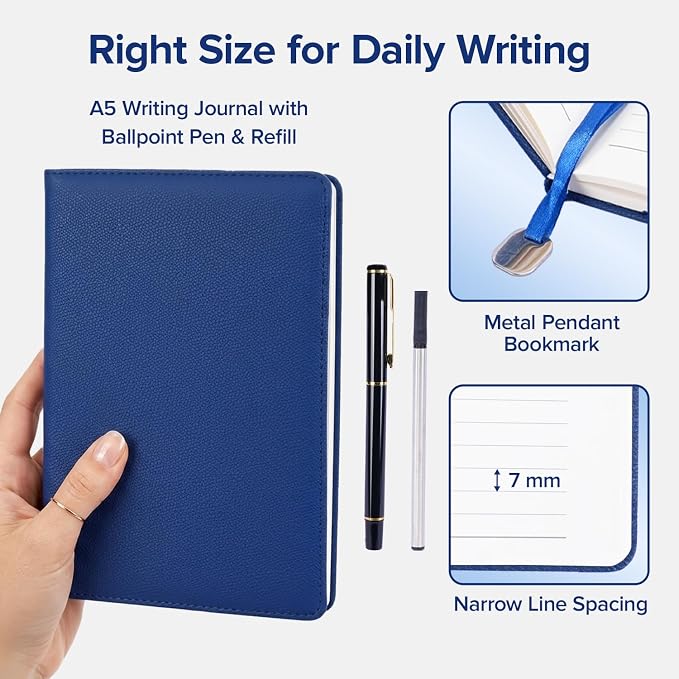 Premium Leather Notebook Gift Set with Pen and Ink Refill, A5 College Ruled Notebook for School & Office Supplies, Employee & Teacher Appreciation Gifts, 200-Page Lined Journal for Men & Women, Blue