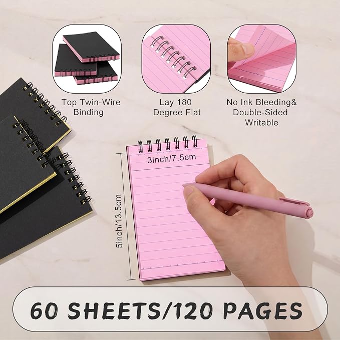 Tenceur 6 Pcs Pocket Notebook Small 3x5 Inch Black Cover Pink Page Top Spiral Notepads Bound Notebook with Lined 120 Pages Mini Memo Pads for Office College Nurse Essentials Back to School Gift