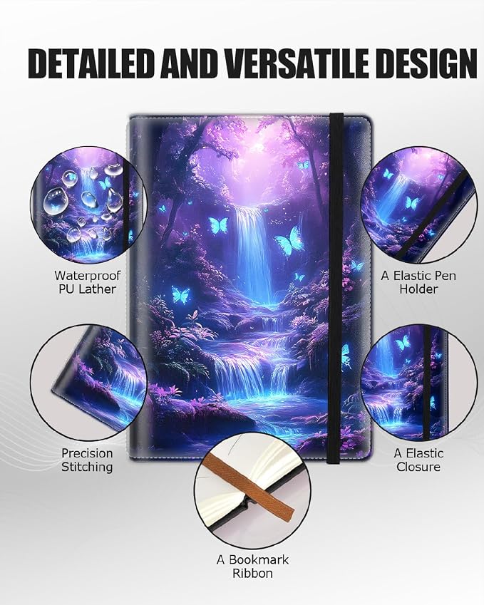 Hardcover Executive Notebooks, A5 PU Leather Lined Journal Notebook, 200 Pages Thick Paper Subject Notebooks for School,Work,Home Writing Business Notebook,Forest Waterfall and Butterfly