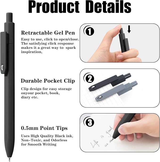 Piochoo Black Gel Pens, 8Pcs Fine Point Black Ink Smooth Writing Pens for Journaling, Nurse Aesthetic Cute Office School Supplies, Gifts for Women and Men(8Pcs Black White Grey-Black Ink)