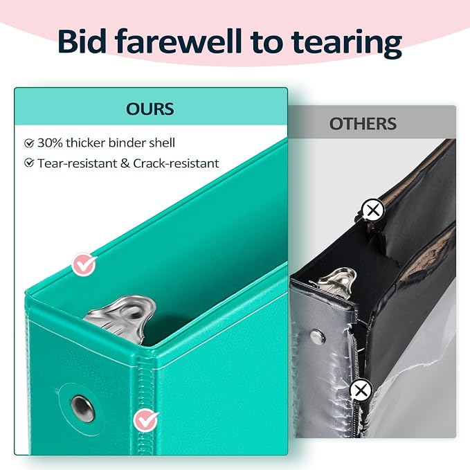2 Pack BinderX Extra Durable 3 Ring Binder, 1 Inch Binder Round Rings, Fits 350 Sheets of 8.5x11 Paper, Customizable View Cover with Inside Pockets, Cute 1 Inch Binders 3 Ring, Pink & Aqua Blue