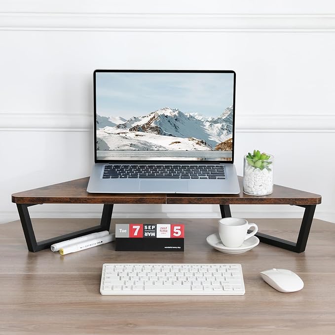 TEAMIX 26 inch Corner Monitor Stand Riser with Keyboard Storage, Espresso | Triangle Monitor Stand, Wood & Metal Computer Stand, Laptop Riser, Desktop Organizer, for L Shaped Desk, Home Office & Gaming