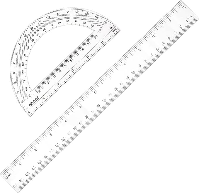 Zonon 2 Pcs 12 Inch Clear Ruler and 6 Inch Plastic Protractor Set, Dual Scale Inch/Cm Math Geometry Measuring Tools for Back to School Students Teachers Classroom Office Drafting Use(Clear)