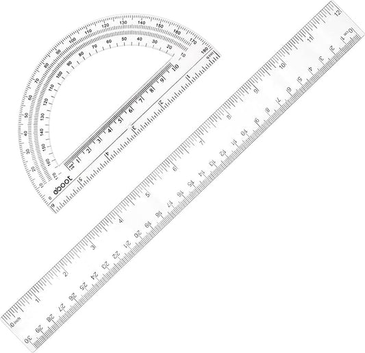 Zonon 2 Pcs 12 Inch Clear Ruler and 6 Inch Plastic Protractor Set, Dual Scale Inch/Cm Math Geometry Measuring Tools for Back to School Students Teachers Classroom Office Drafting Use(Clear)