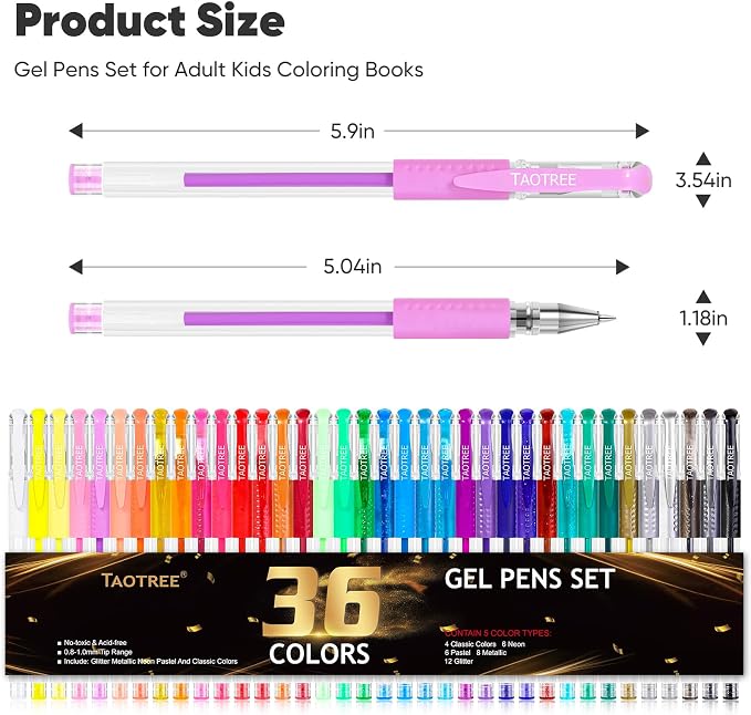 Taotree Glitter Gel Pens, 36 Colors Neon Glitter Pens, Colored Gel Markers | 40% More Ink Fine Point Art Markers Set for Adult Coloring Books, Drawing Art Supplies, School Journaling, Scrapbook Supplies