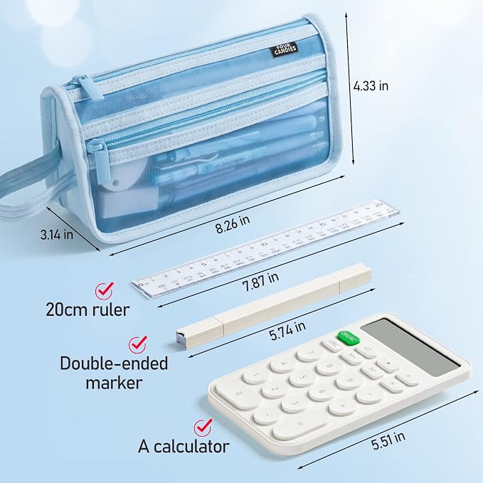 Four Candies Grid Mesh Pencil Case with Handle and Zipper, Clear Double-layer Pencil Pouch Marker Pouch, Travel Makeup Bag, Cute Transparent Stationary Organizer Pen Bag for Adult Office College