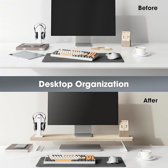 Fenge Monitor Stand Riser, Wooden & Metal Desk Shelf Organizer, Oak | 31.5 Inch Computer Stand for Compact Work Station, Multifunctional Monitor Shelf for Laptop, PC, Printer