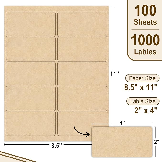 NATURALABEL 100 Sheets Printable Kraft Label Stickers for Laser & Inkjet Printers, 2" x 4" - 10 per Page, Matte (1000 Count)