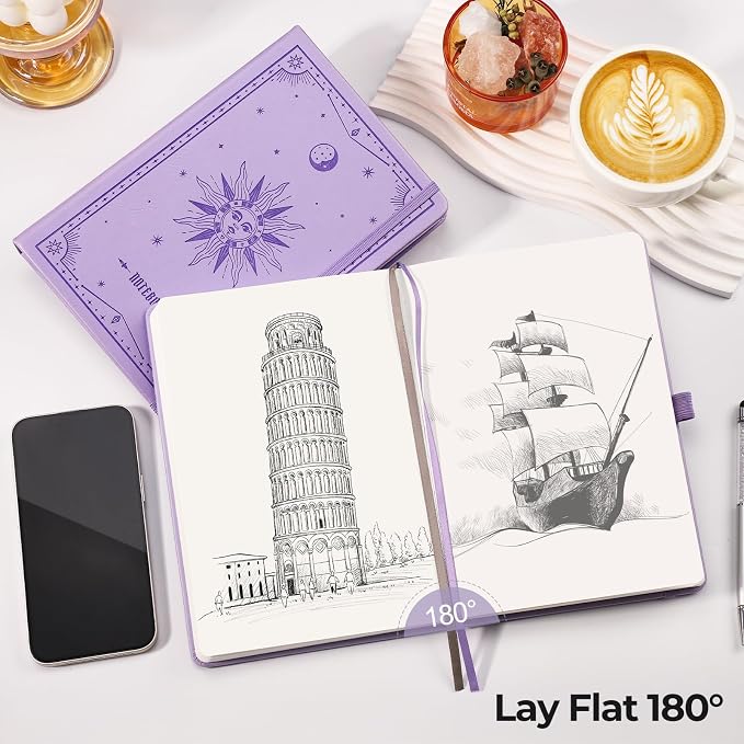 EMSHOI Blank Journal Notebook, 320 Pages, A5 Size (5.7'' x 8.3'') | Leather Hardcover, 100 GSM Thick Paper, Unlined, Plain, for Sketching, Drawing, Painting, Sun Debossed (Light Purple)