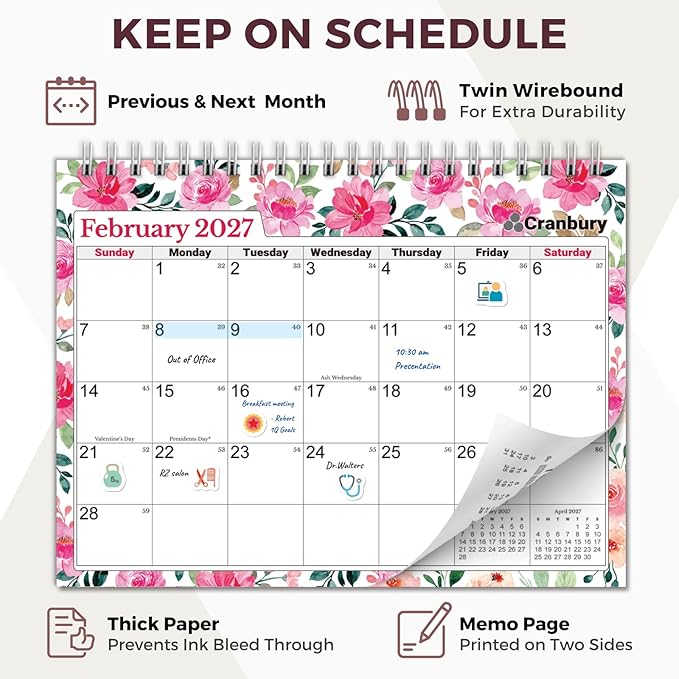 CRANBURY Small Desk Calendar 2026-2027 Standing Flip, July 2026 to Dec 2027, 8x6 Desktop Calendar with Stickers, 18 Months Desk Planner for School & Office, Spiral Bound, Floral Design