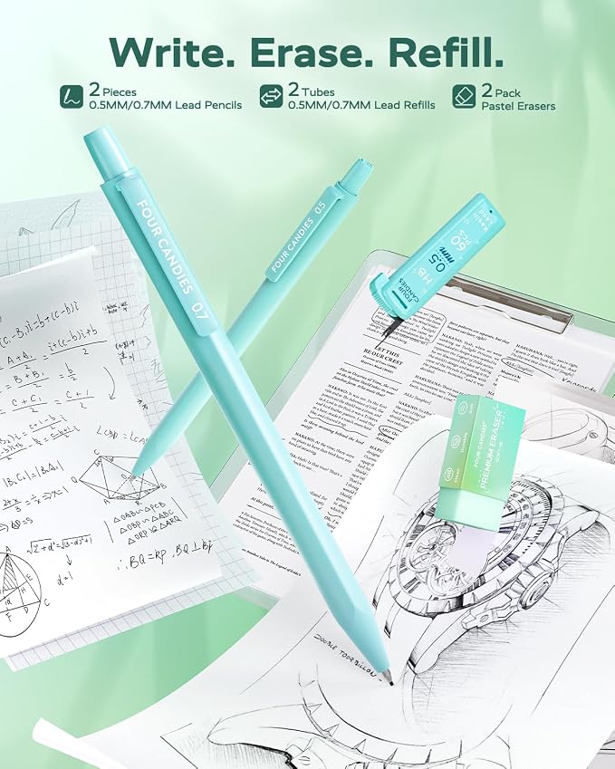 Four Candies Green School Supplies with Case College Essentials | Pens with Black Ink, Correction Tapes, Pastel Highlighters, Mechanical Pencils, Sticky Notes, Index Post for Study Stationary
