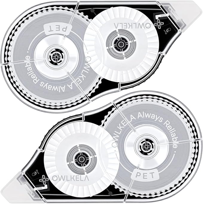 OWLKELA 2 Pack Plus Correction Tape, Tear-Resistant White Correction Tape, No Dry Time, Easy to Use, Office & School Supplies, 0.2 in Wide, 98.4 Ft, Black shell & White Core