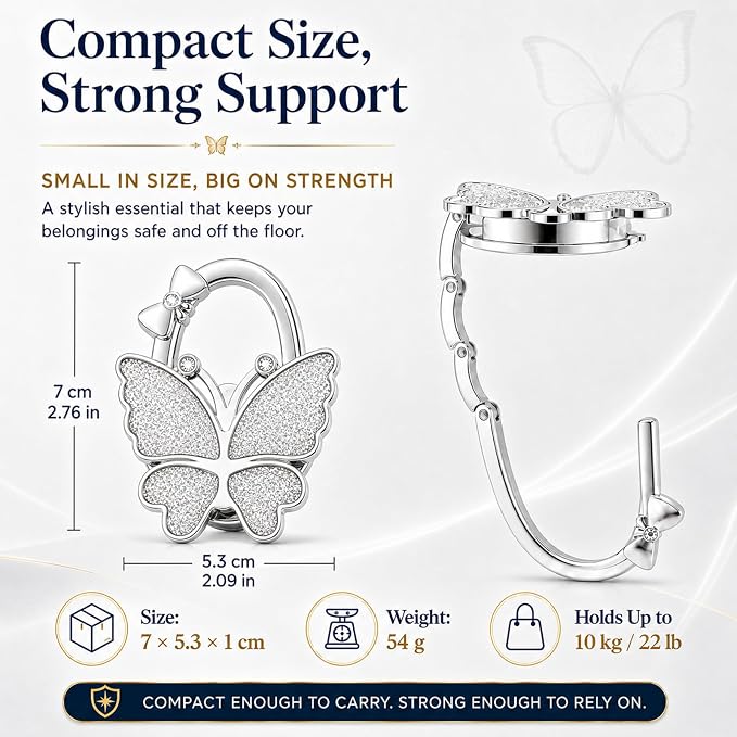 Purse Hook for Table, Foldable Handbag Hanger for Women, Portable Bag Holder with Non-Slip Base, Cute White Glitter Butterfly Purse Table Hook for Restaurant Office Travel Gift