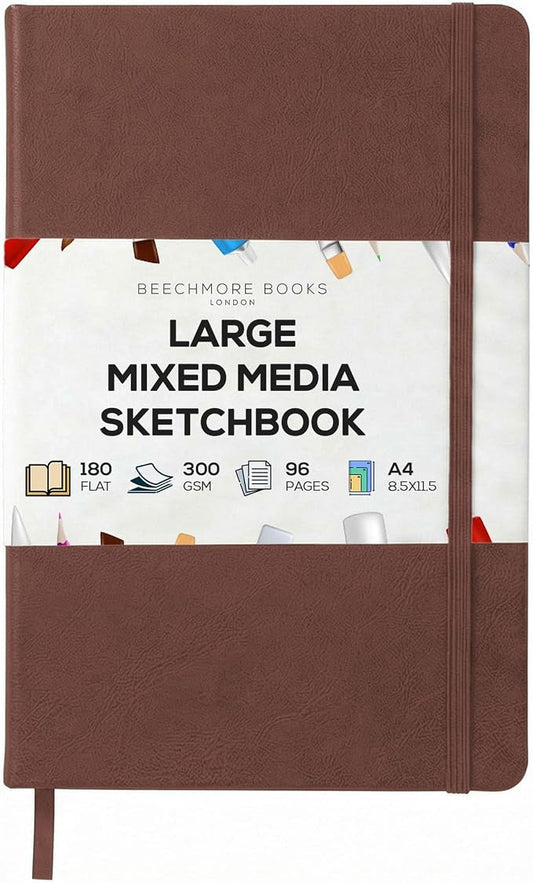 Beechmore Books Heavyweight Mixed Media Sketchbook - A4 8.5"x11" 300 GSM 48 Pages, Hardcover Lay-Flat Professional Journal for Painting, Acrylics and Wet Media