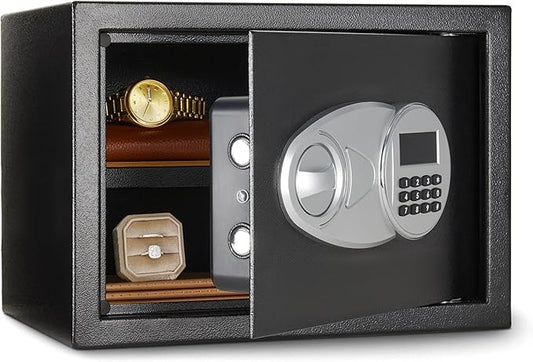 Amazon Basics Steel Security Safe and Lock Box with Electronic Keypad, Secure Documents Storage, Black, 0.5 Cubic Feet, 13.8"W x 9.8"D x 9.8"H, Removable Shelf