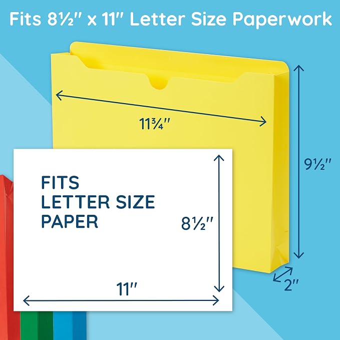 Blue Summit Supplies 2 Inch File Jackets, Expandable Folders, Heavy Duty 2 Inch Expansion Pocket File Folders Letter Size, Assorted Colors, Reinforced Straight Cut Tab,25 Pack