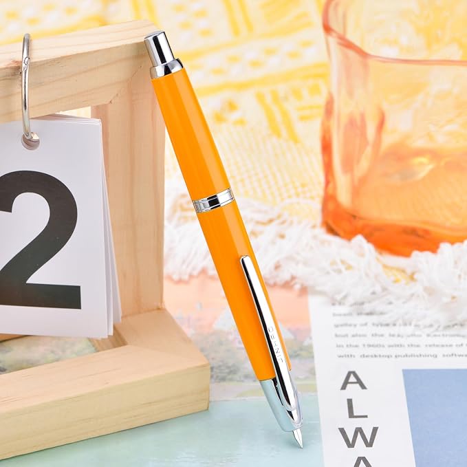 Jinhao 10 Press Fountain Pen with Box, Orange Retractable Medium Nib with Ink Converter Set (Silver Clip)