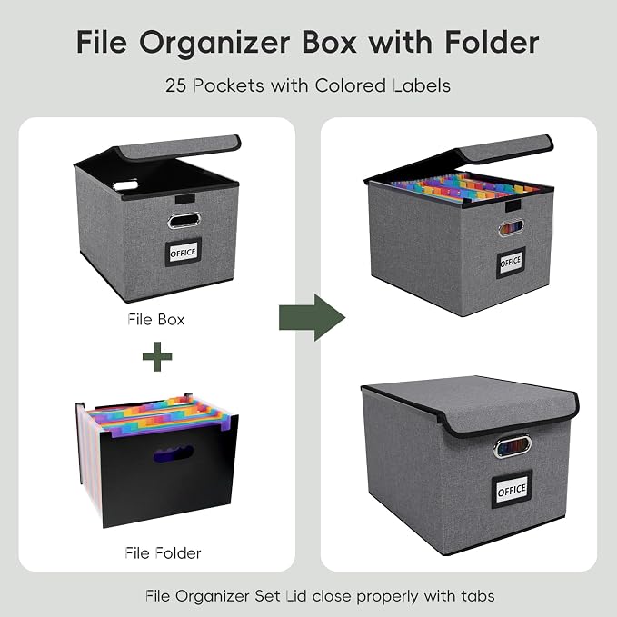 File Organizer Box with 25-Pocket Accordion Folder, File Folder & Protective Lid - Document Storage for Home, Office, School, Grey