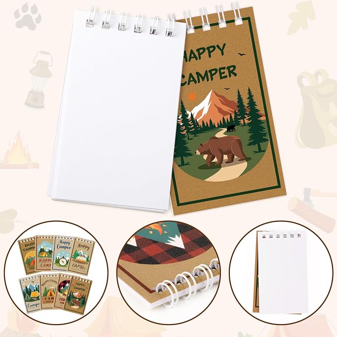 Atiloy 24 PCS Mini Notebooks Bulk for Camping Party Favors Small Pocket Notepad for Camping Journal Spiral Notebook for Work Home Office School Adventure Gifts, 8 Design