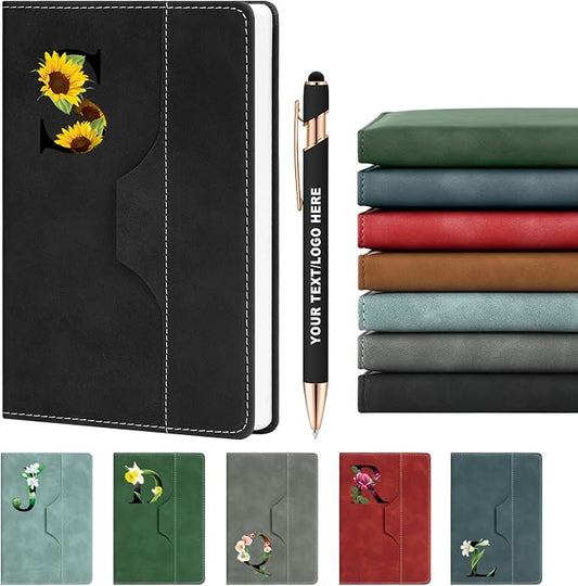 ENOMY Personalized Notebook Journal & 10 PC Pens Set Custom Notebook with Pen 240 Pages A5 Hardcover Journal for Men Women Leather Notebook for Work College Graduation Gifts, Black