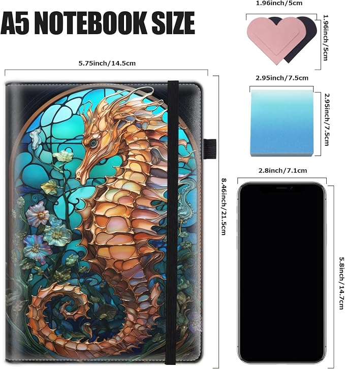 Hardcover Executive Notebooks, A5 PU Leather Lined Journal Notebook, 200 Pages Thick Paper Subject Notebooks for School,Work,Home Writing Business Notebook, Diary Book ， Seahorse Colorful