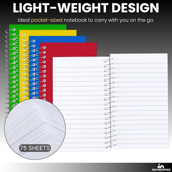 1InTheOffice Wirebound Spiral Memo Books, Memo Pads, 3" x 5", College Ruled, Small Notepad, Assorted, 75 Sheets/Pad, (5 Pack)