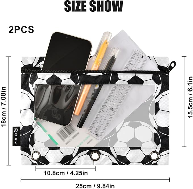 Soccer Pencil Pouches for 3 Ring Binder, Zipper Binder Pencil Case, 2 Pack Clear Window Case Bag for Office Organizers