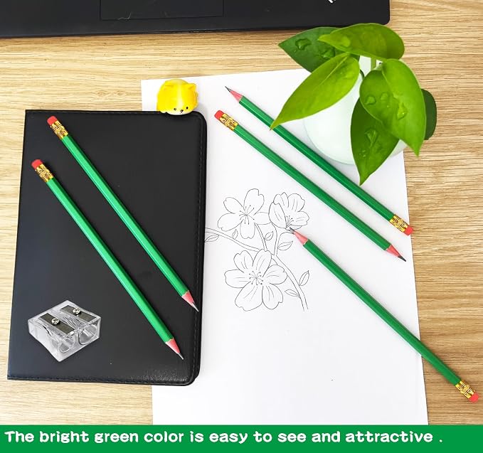 Adhere 25pcs Woodcase Pencils with Eraser Premium Pre-Sharpened Hexagon Graphite 2B pencils ideal for home, office writing including a Free Sharpener (Light green・25pcs)