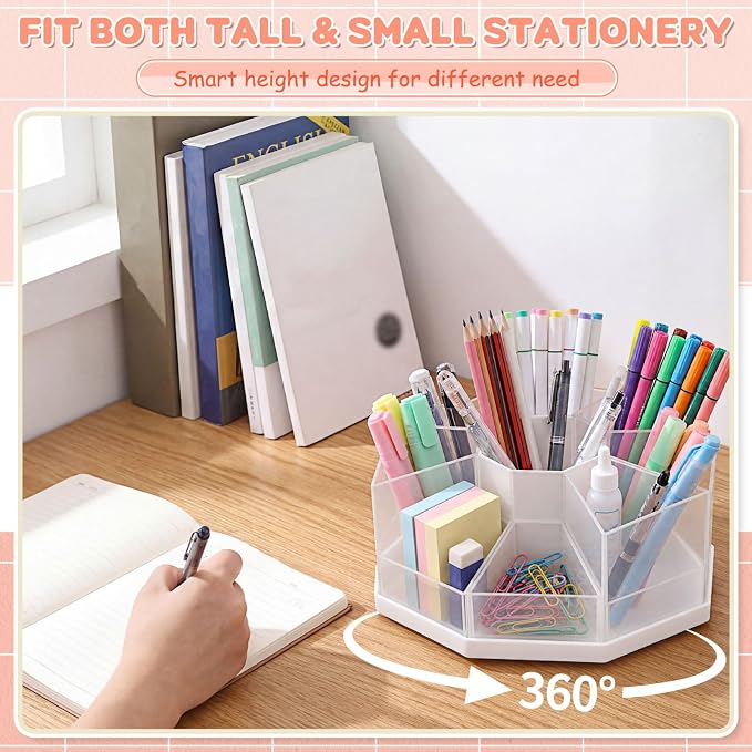 Pajean Rotating Desk Organizer Caddy with 9 Compartments Detachable Rotating Pencil Pen Holders for Desk, 9 Slots 360 Degree Desktop Stationery Art Supplies Makeup Storage Organizer Gift(Transparent)