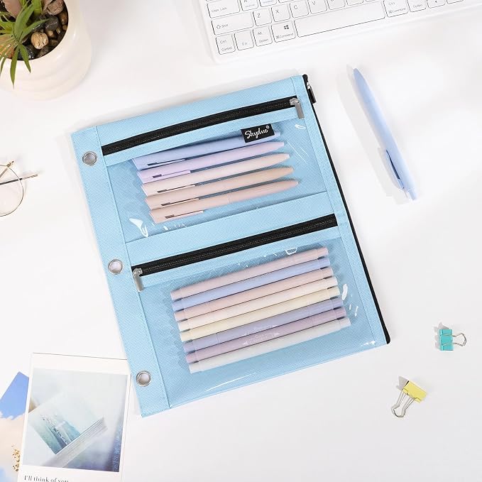 SKYDUE Binder Pencil Pouch for 3 Ring Binder, 3 Compartment Zipper Case, Large Capacity Pen Organizer with Clear PVC Window for School Supplies, Students, Kids & Teachers