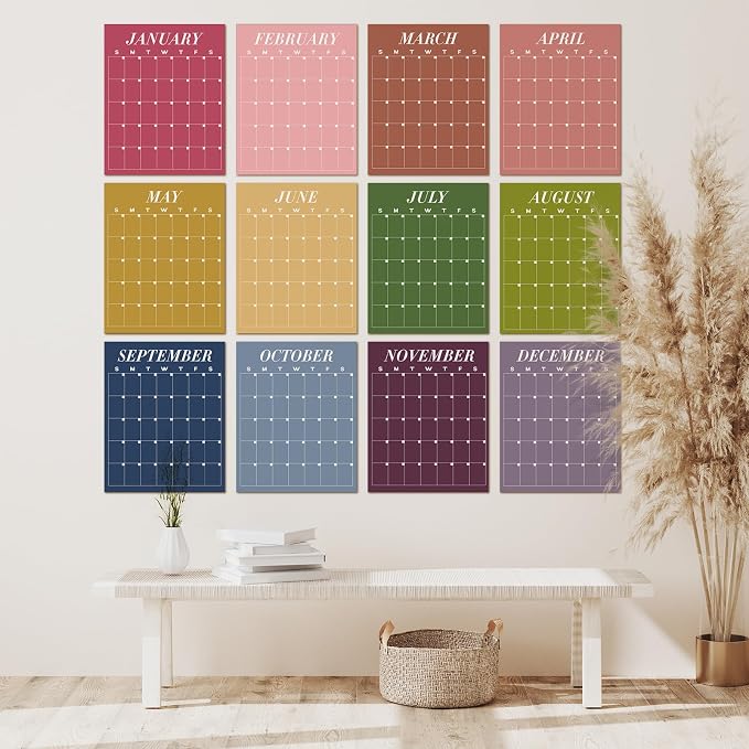 12 Pcs Colorful Undated Calendars 16‘'x 20‘' Large Erasable Wall Calendar 12 Month Classroom Dry Ease Reusable Planning Yearly Rainbow Blank Planner for Office Home Educational Room Back to Study