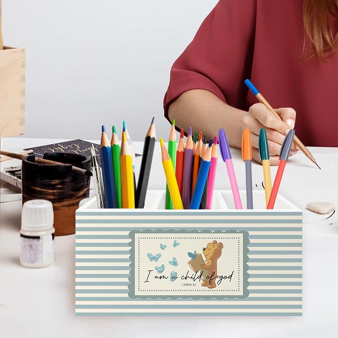 Christian Bear Pen Pencil Holder Organizer for Desk, Bible Verse Religious Wooden Box Signs Decorations for Kids Nursery Room Classroom Desk Tabletop, Christian Gifts for Kids