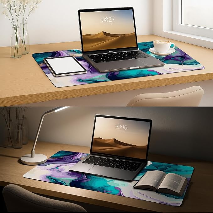 Britimes Teal and Purple Liquid Marble Desk Mat Colorful Deak Pad Non-Slip PU Leather Large Keyboard Mouse Pad Office Desktop Accessories for Office,Work,Home Decor(31.5"X15.7")
