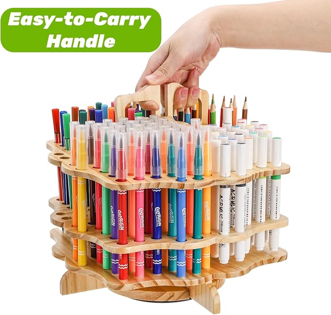 Peohud Wooden Pen Holder, 124 Slots Rotating Pencil Display Stand, Portable Paint Brush Organizer for Colored Pencils, Watercolor Brushes, Art Brushes, Office, Desktop
