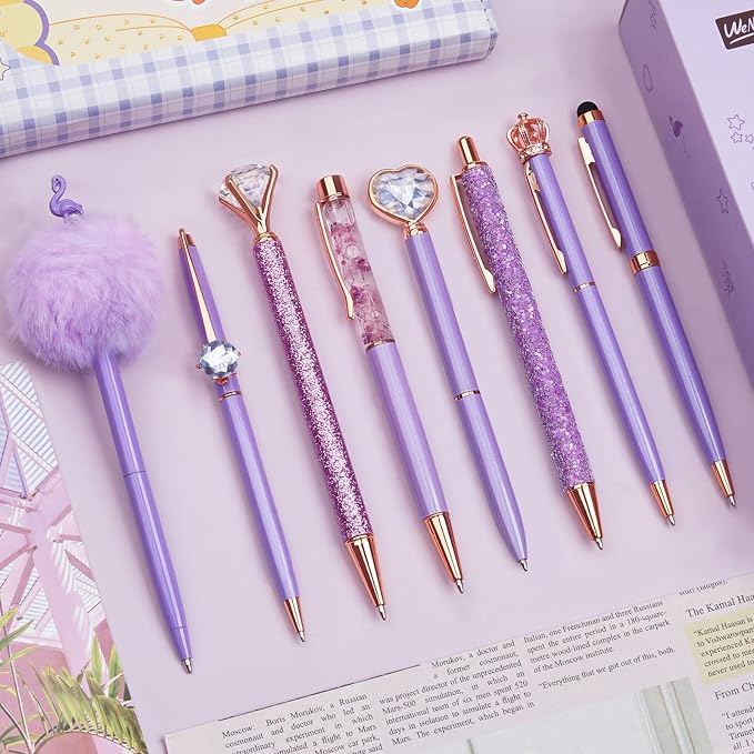 WEMATE 8Pcs Purple Pens, Metal Crystal Diamond Pens with Black & Blue Ink | Fancy Pens for Journaling, Office & Gift Supplies for Women Girls, Birthday and Back to School