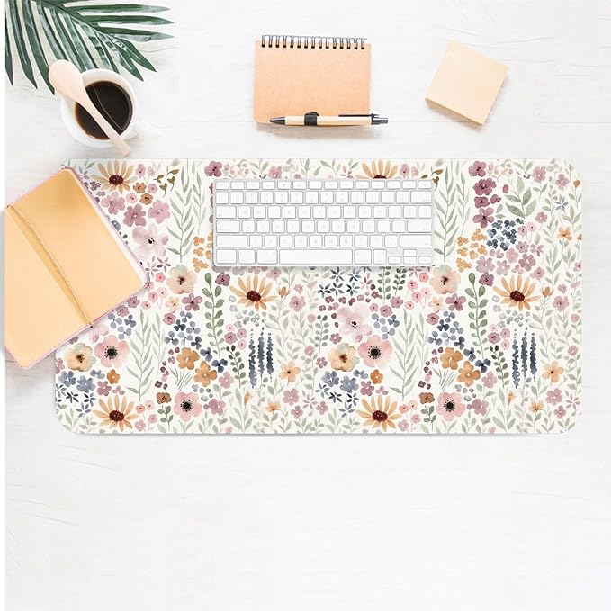 Flower Large Mouse Pad, Floral Desk Matt for Desktop, PU Leather Waterproof Desk Pad, Computer PC Laptop Protector Gaming Mouse Pads for Women Office Decor (31.5" x 15.7")