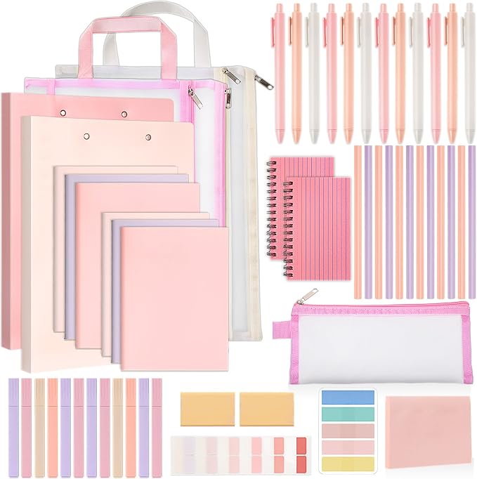 Colarr 54 Pcs Aesthetic College School Supplies Back to School Set,Pink | 3 A5 + 3 B5 Lined Notebook, 12 Gel Pen, 12 Pencil, 12 Highlighter, Sticky Tabs, Folder Storage Bag, Journal Stationery Set
